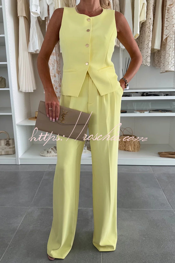 Workplace Sleeveless Button Vest and Relaxed Pocket Wide Leg Pants Set