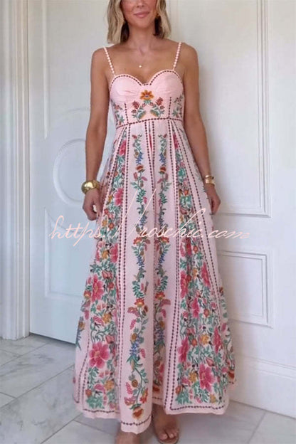 Delicate Forest Unique Print Sweetheart Neck Beaded Straps Maxi Dress