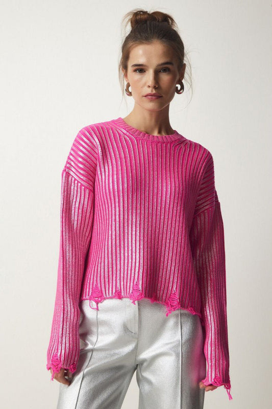 Simple Silver Foil Loose Slim Long Sleeve Sweater