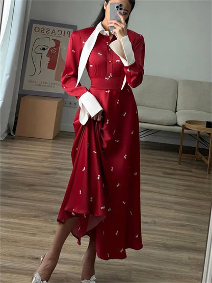 Satin Printed Long Dress ’s High Waist Patchwork Commute Slim Autumn Contrast Dress Female Maxi Dress