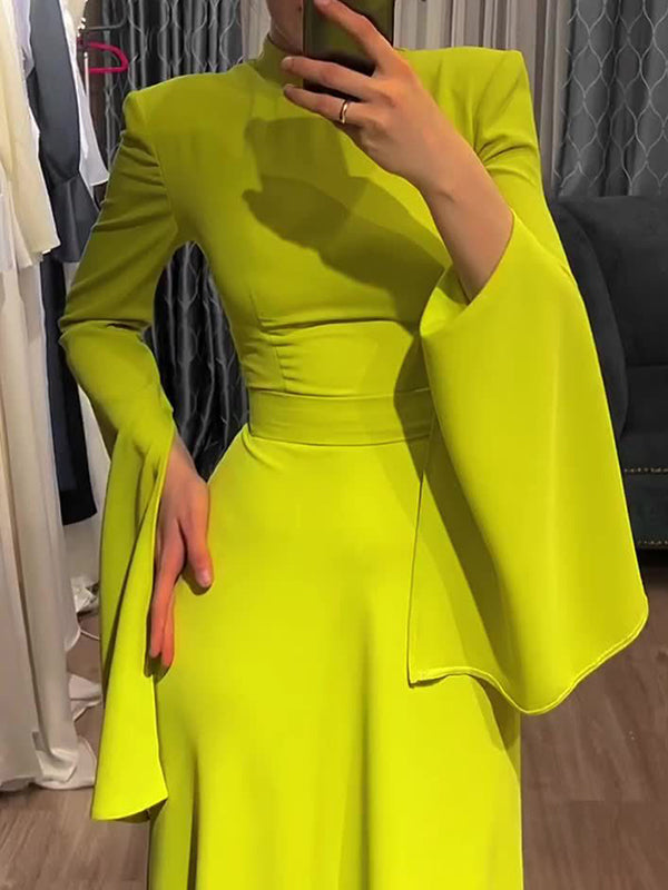 Ruffle Sleeves Skinny Belted Color Round-neck Maxi Dresses