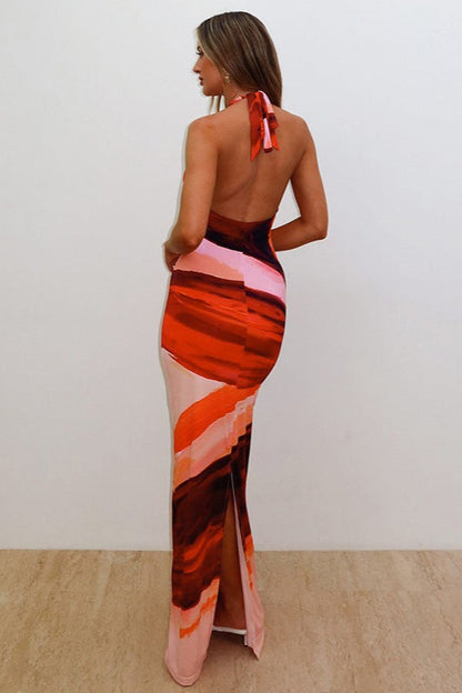 Print Halter Tie Bodycon Split Maxi Dress