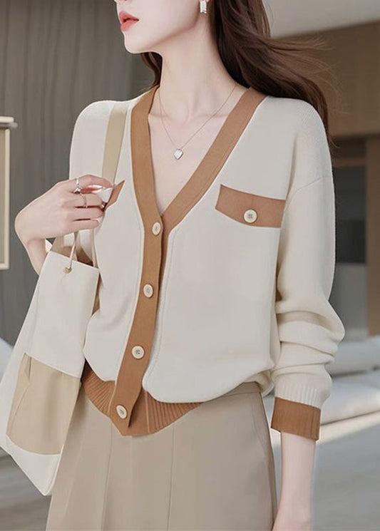 Colorblock V Neck Patchwork Button Cotton Knit Cardigans Fall Qp026