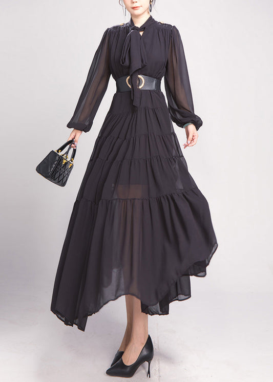 Black Bow Wrinkled Chiffon Maxi Dress Long Sleeve Ao1043