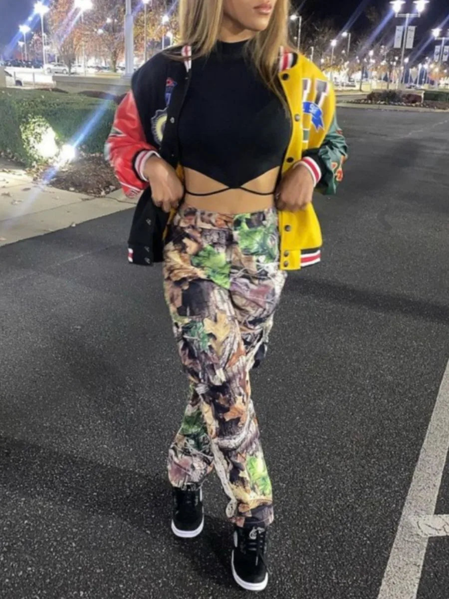 Mid-waist Side Pocket Camo Print Cargo Pants Street Y2k Trousers Print Design Jeans