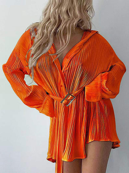 Long Sleeves Buttoned Pleated Color Tied Waist Lapel Mini Dresses Shirt Dress