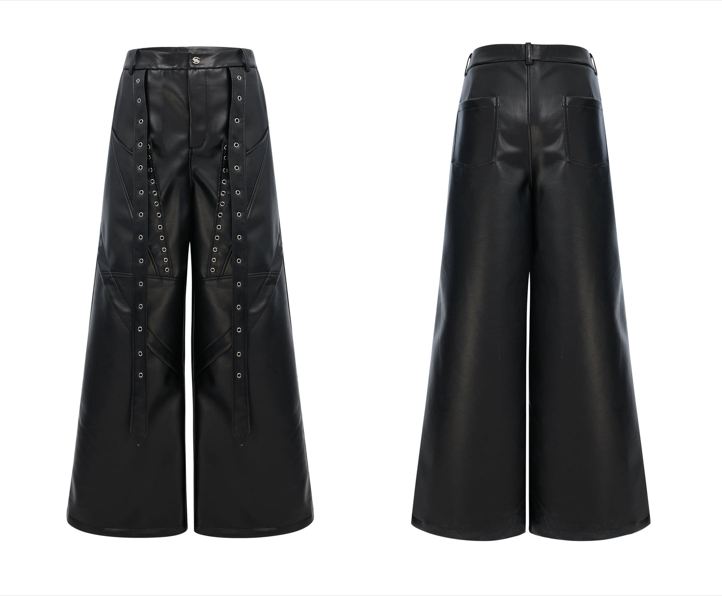 Black Leather Laced Wide Pants