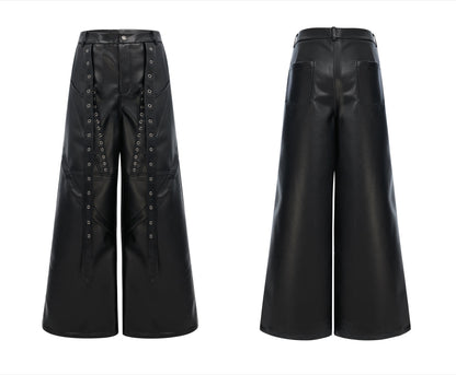 Black Leather Laced Wide Pants