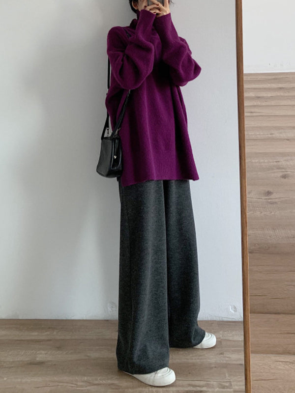Red High Neck Split Hem Long Sleeve Sweater An1056