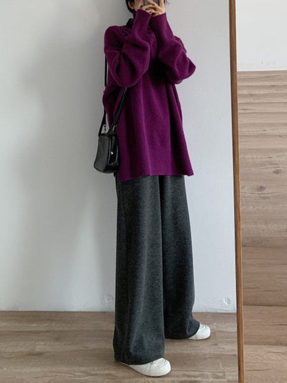 Red High Neck Split Hem Long Sleeve Sweater An1056