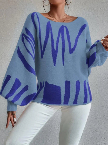 Off Shoulder Sweater for Batwing Sleeve Pullover Knit Loose Jumper Tops Art Printed Spring New Oversized Sweaters