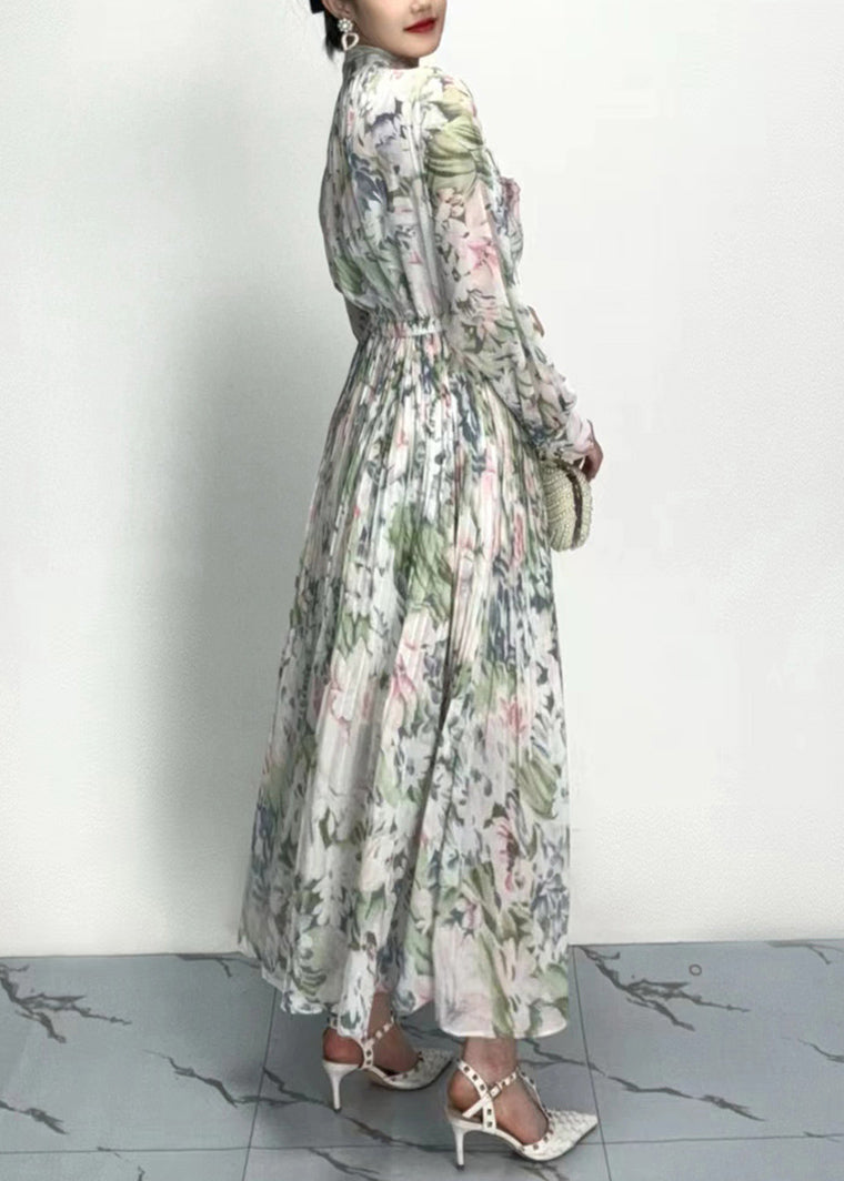 Classy Grey Bow Print Wrinkled Cotton Long Dresses Long Sleeve Ao1011