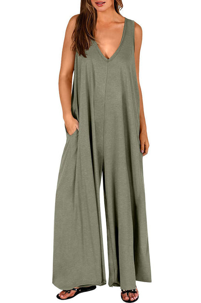 Color V-neck Sleeveless Loose Pocket Wide-leg Jumpsuit