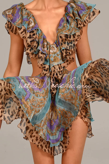 Dreamy Island Leopard Print Cutout Waist Tiered Ruffles Mini Dress