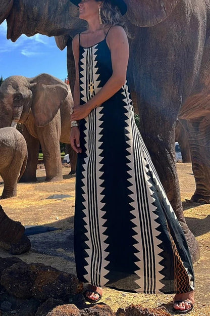 Take a Trip Print Backless A-line Maxi Dress