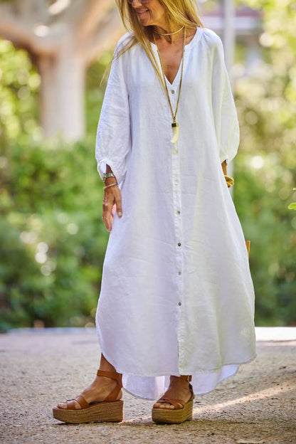 Linen Blend V Neck Balloon Sleeve Maxi Dress
