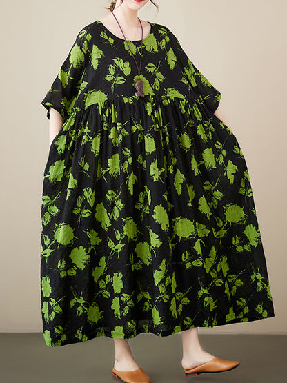 Loose Pleated Round-neck Midi Dresses