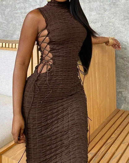 Lace Up Hollow Sleeveless Midi Dress