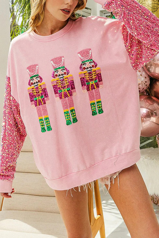 Christmas Loose Round Neck Sequined Sleeve Sweatshirt