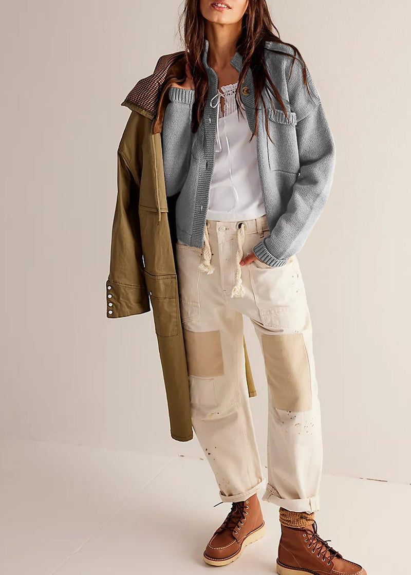 Knitted Button-down Cardigan With Stand Collar