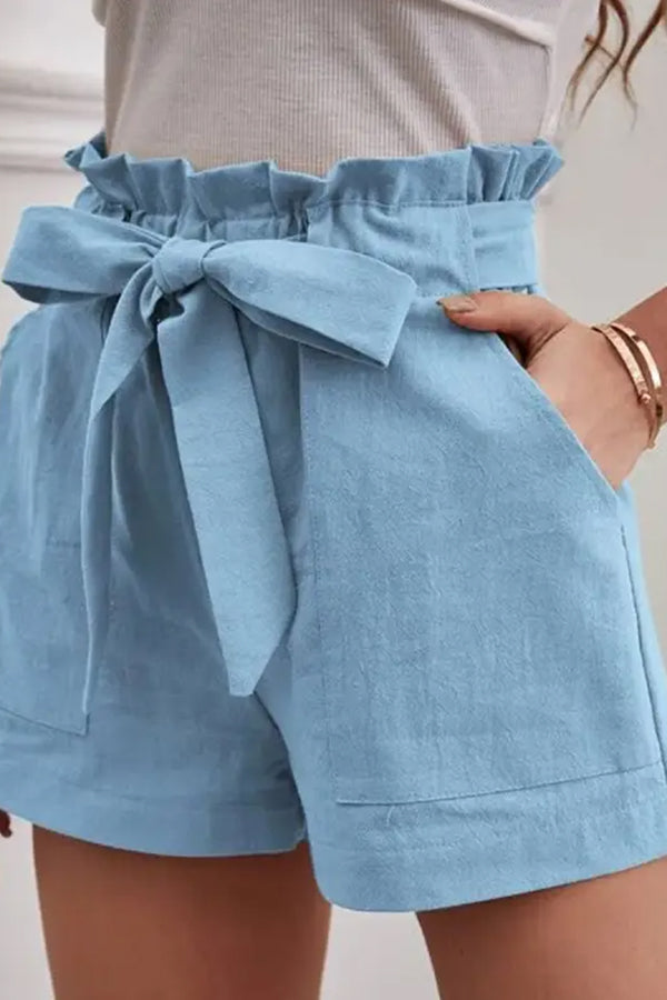 Loose Color Elastic Waist Tie Shorts
