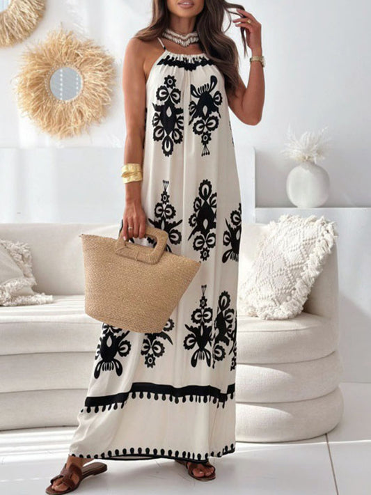 Loose Sleeveless Printed Split-joint Spaghetti-neck Maxi Dresses