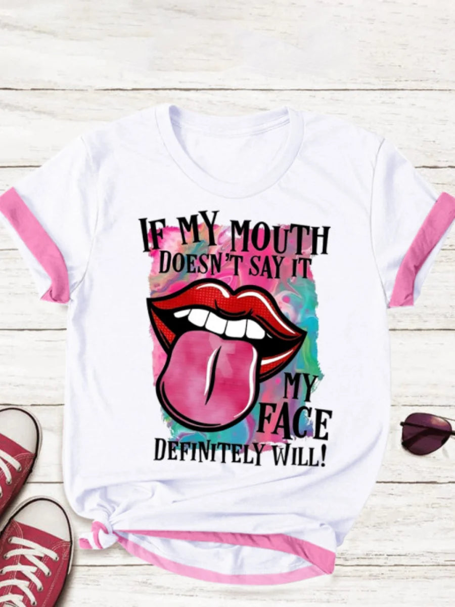 Lip Letter Print T-shirt Summer Short Sleeve ’s Top