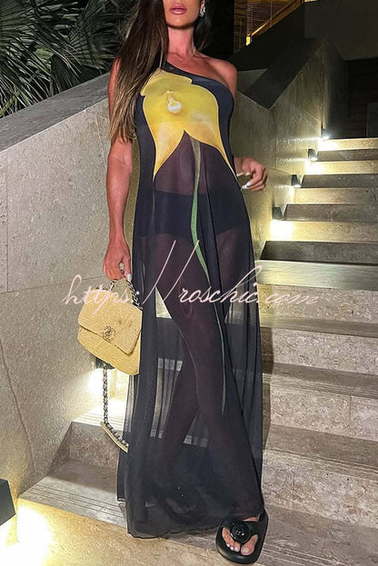 Dalia Tulle See Through Print One Shoulder Vacation Maxi Dress