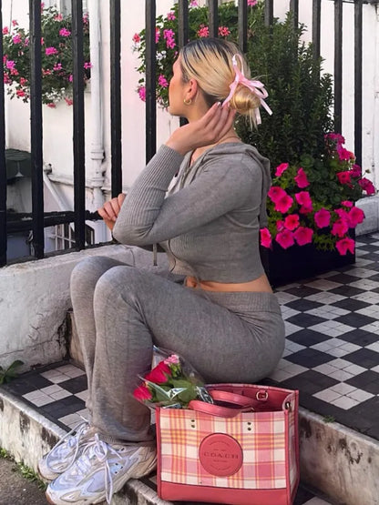 Knit 2-piece Set: ’s Hoodie Tracksuit & Crop Top Knitwear Pants