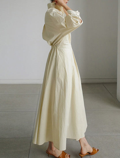 Long Sleeves Loose Pleated Color Split-joint Tied Waist Lapel Midi Dresses Shirt Dress