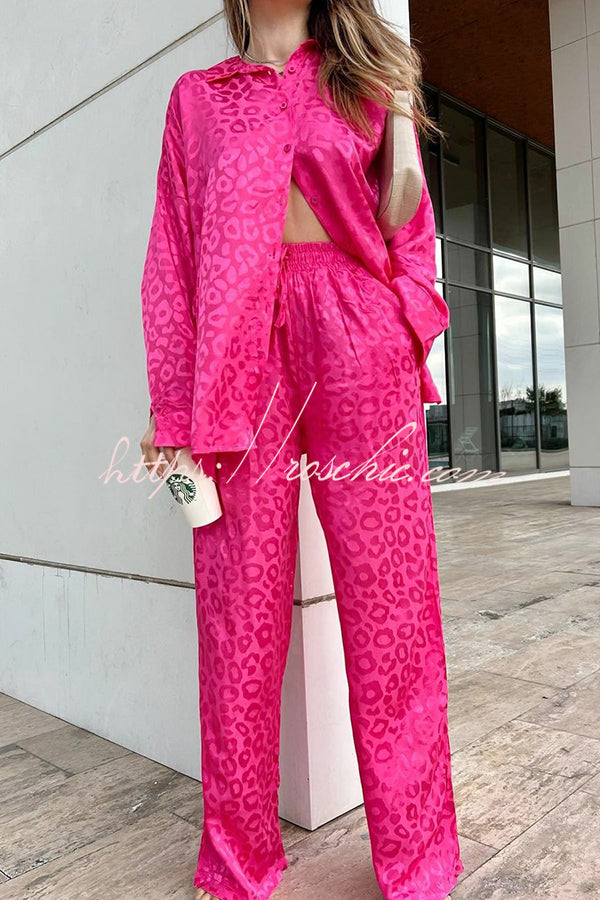 Leopard Print Jacquard Long Sleeved Shirt With Elastic Waist and Pant Two Piece Set