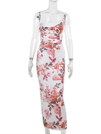 One Shoulder Print Midi Dress for Off-shoulder Backless Sleeveless Bodycon Club Party Long Dress