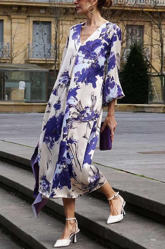 Satin Print V-neck Midi Dress