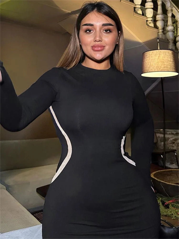 Black Patchwork Slim Dress for Long Sleeve Contrast Bodycon Party Dress Maxi Dress