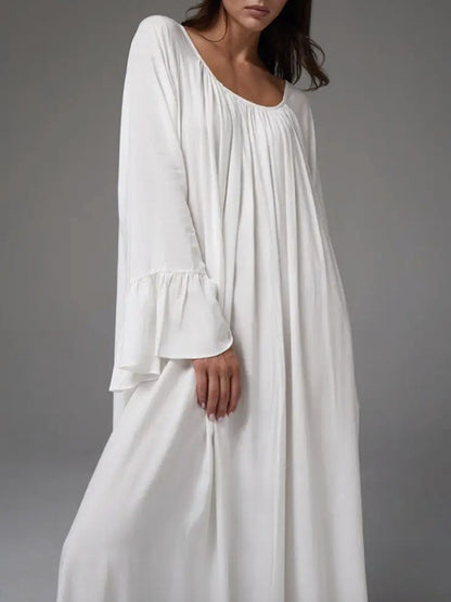 A-line Flared Sleeves Pleated Color Split-joint Round-neck Maxi Dresses