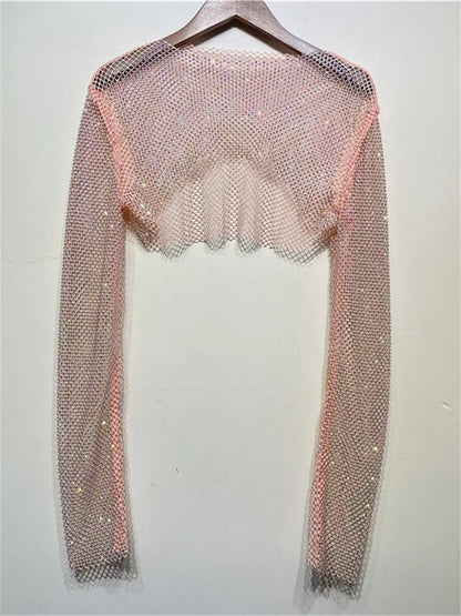 Sparkly Crystal Crop Tops for Fishnet Hollow Out See Through Cropped Coat Evening Night Club Top Party Wear