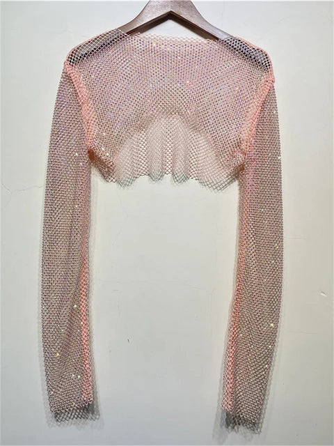 Sparkly Crystal Crop Tops for Fishnet Hollow Out See Through Cropped Coat Evening Night Club Top Party Wear