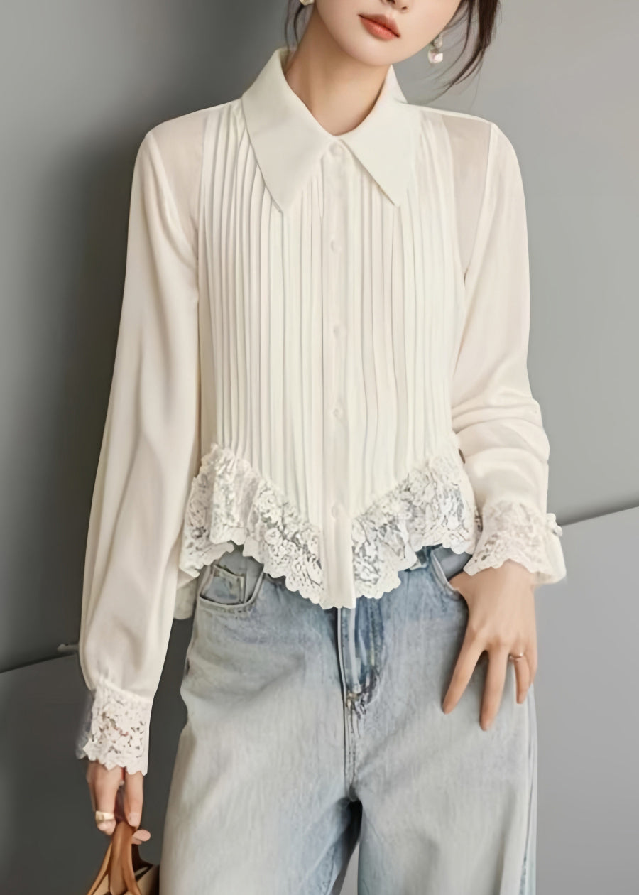 Art White Button Lace Chiffon Blouses Spring Rv040
