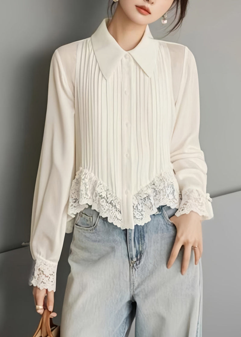 Art White Button Lace Chiffon Blouses Spring Rv040