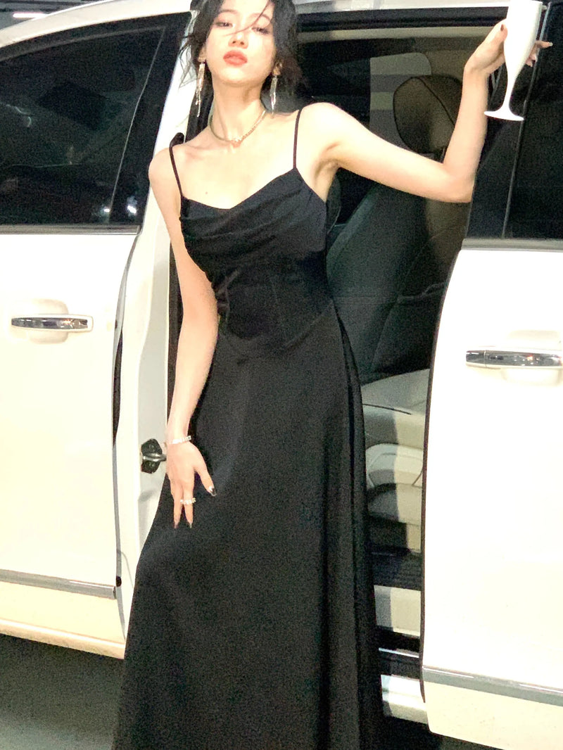 New Summer Satin Midi Dress Slim Spaghetti Strap Party Dresses Wedding Evening Birthday Backless Prom Robe Clothes