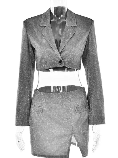 Shiny Double-layer Bandage Slim-fit Suit Suit ’s Pocket Bolero Skirt Skirt ’s Cutaway Collar Coat Top Suit New