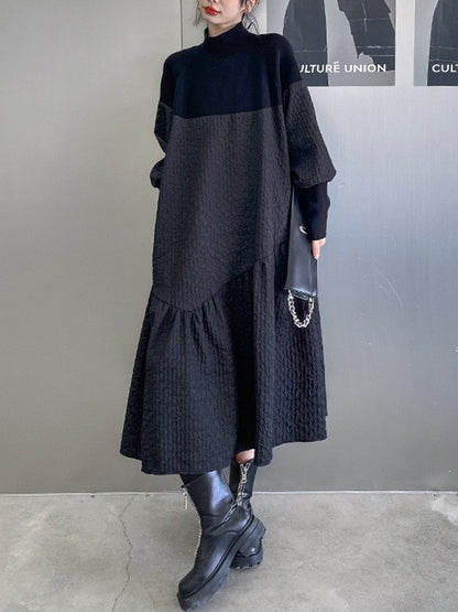 A-line Long Sleeves Asymmetric Color Split-joint High-neck Midi Dresses Sweater Dresses
