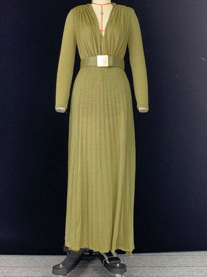 Long Sleeves Wrap Belted Pleated Color Split-side V-neck Evening Dresses Maxi Dresses