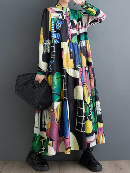 Long Sleeves Loose Buttoned Printed Split-joint Round-neck Midi Dresses