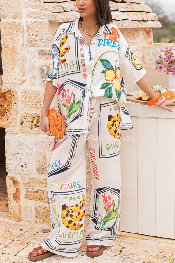 Summer Plant Fruit Print Short Sleeve Shirt and Elastic Waist Loose Wide Leg Pants Set