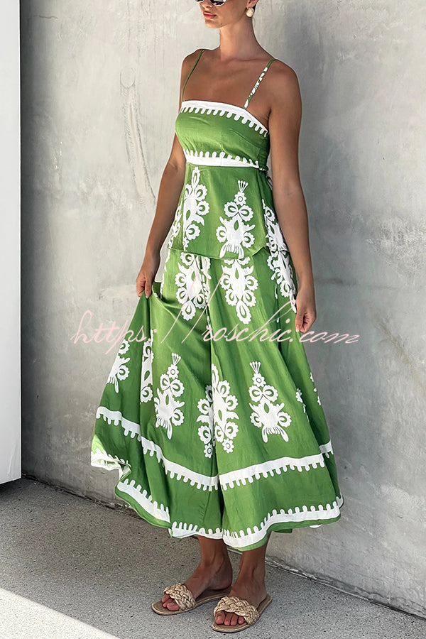Unique Print Suspender Pleated Top and Elastic Waist Loose Wide-leg Pants Set