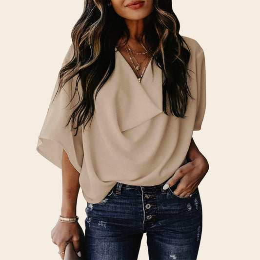 Chiffon V-neck Loose Mid Sleeve Blouse