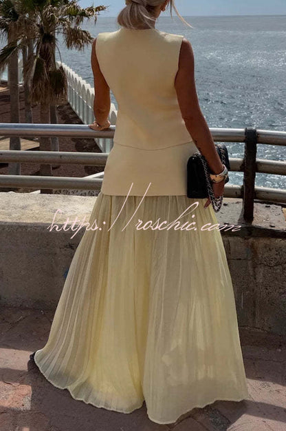 Stylish and Knit Spliced Tulle Elastic Waist Pleated Maxi Skirt