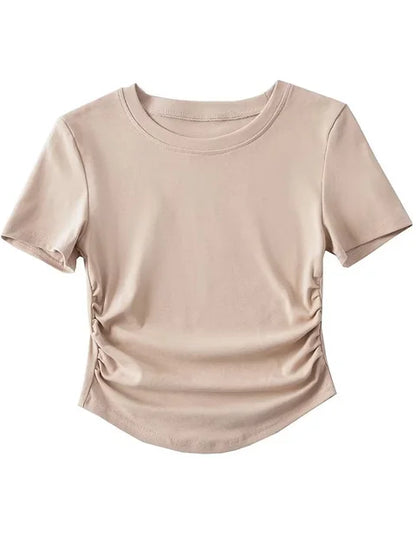 Harajuku Crew Neck Short Sleeve Cotton Tee With Ruched Sides Detail T-shirts