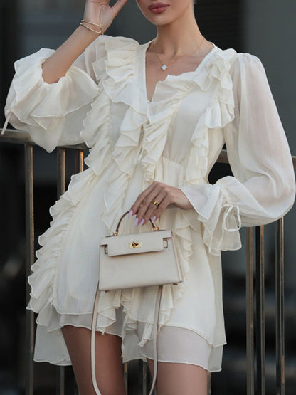 A-line High Waisted Ruffle Trim Color Tied V-neck Mini Dresses